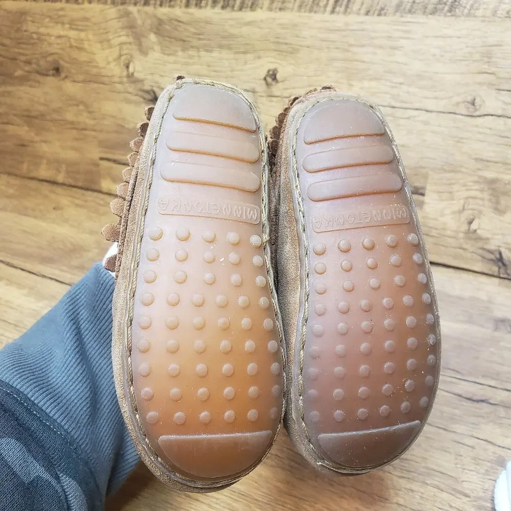 Minnetonka brown leather double fringe ankle bootie sz 5